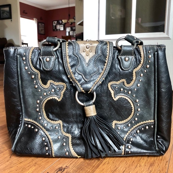Handbags - Western Purse Black/Charcoal Grey/Tan w/tassle